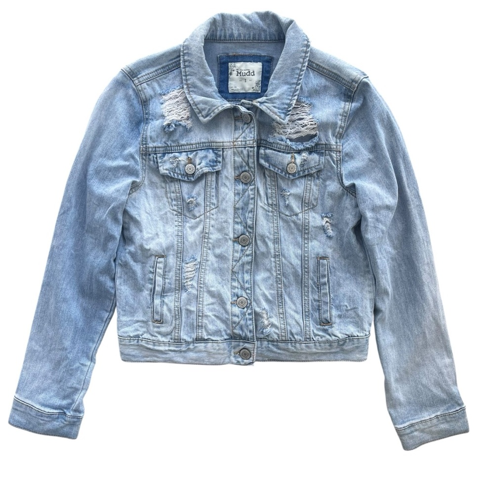 Mudd Women's Sz Small Light Wash Blue Denim Distressed Button Jean Jacket 210111